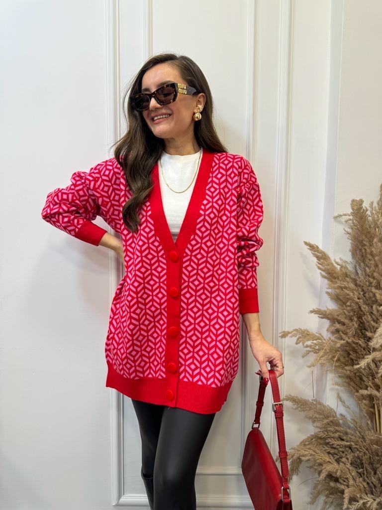 Kırmızı Pembe Jakarlı Triko Hırka 5655