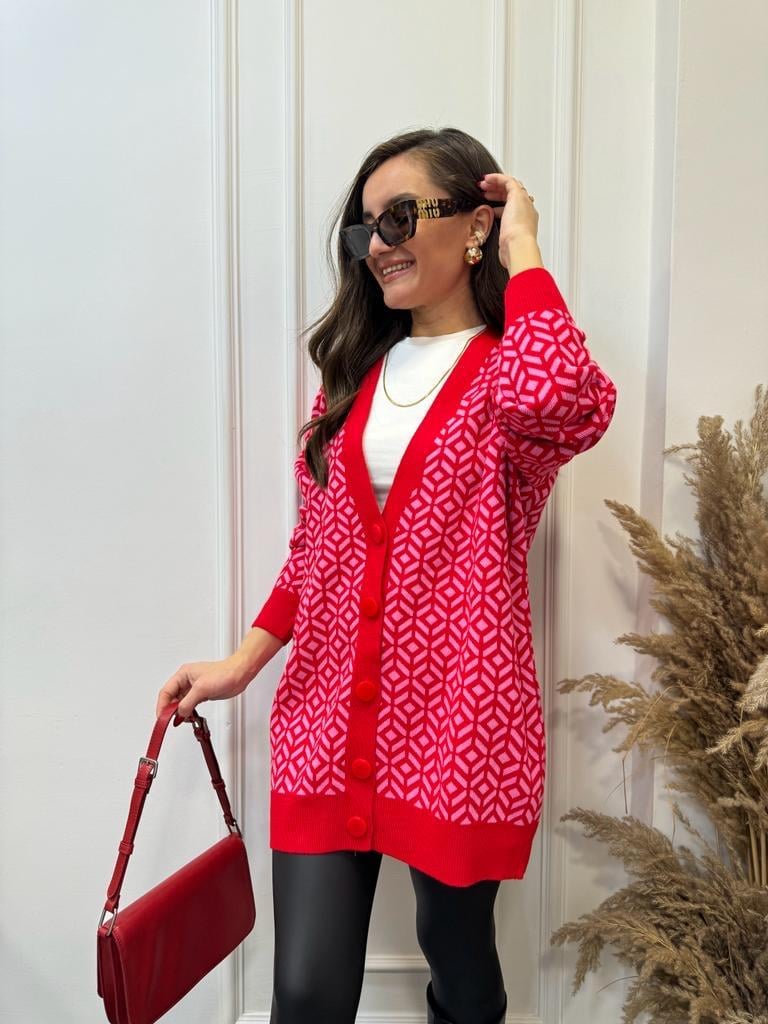 Kırmızı Pembe Jakarlı Triko Hırka 5655