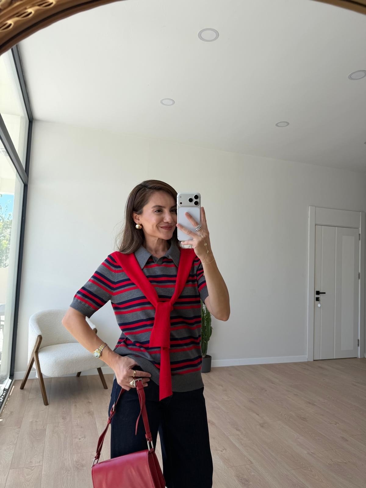 Kırmızı Polo Yaka Atkılı Çizgili Triko Bluz 146028