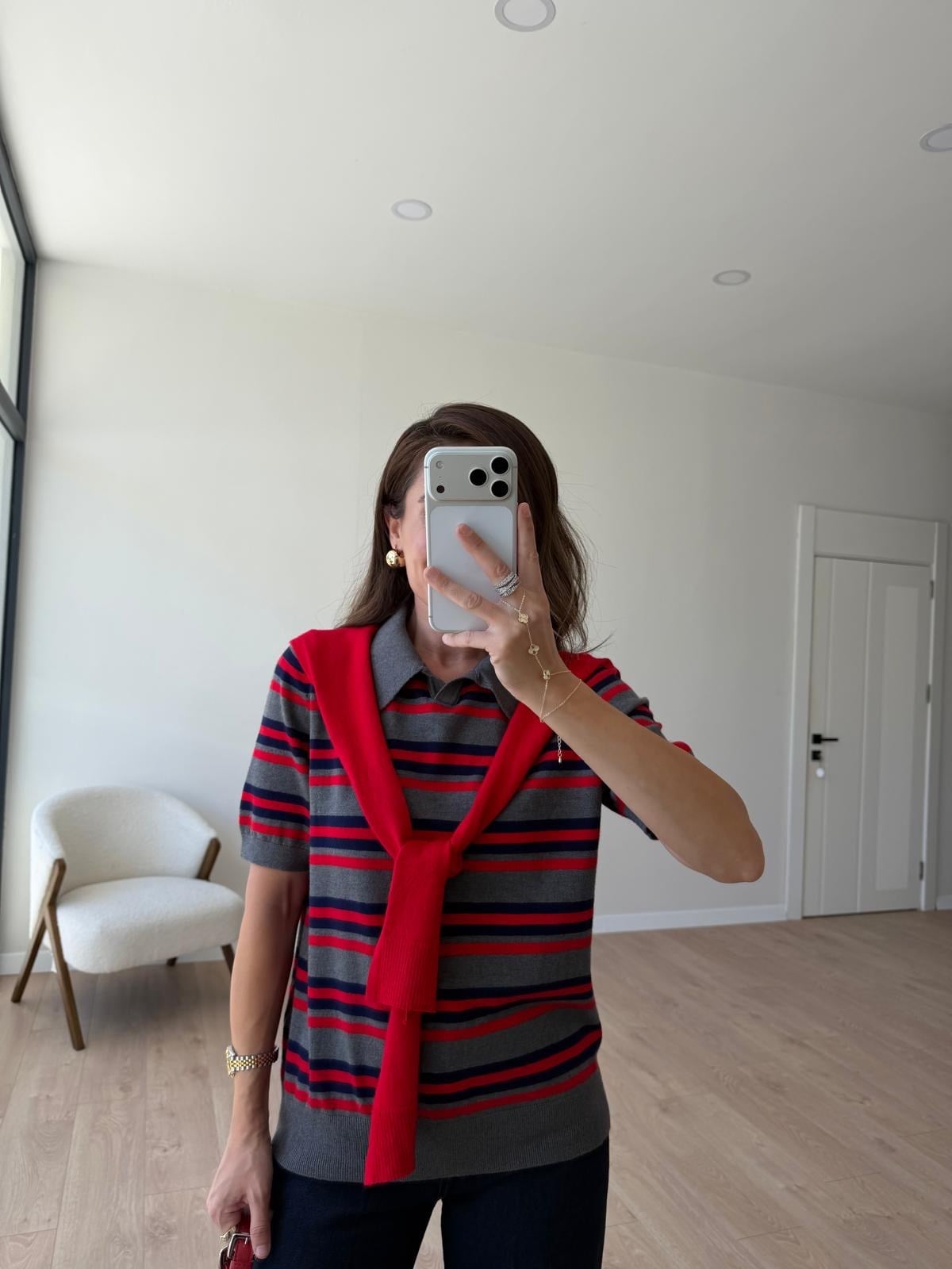 Kırmızı Polo Yaka Atkılı Çizgili Triko Bluz 146028