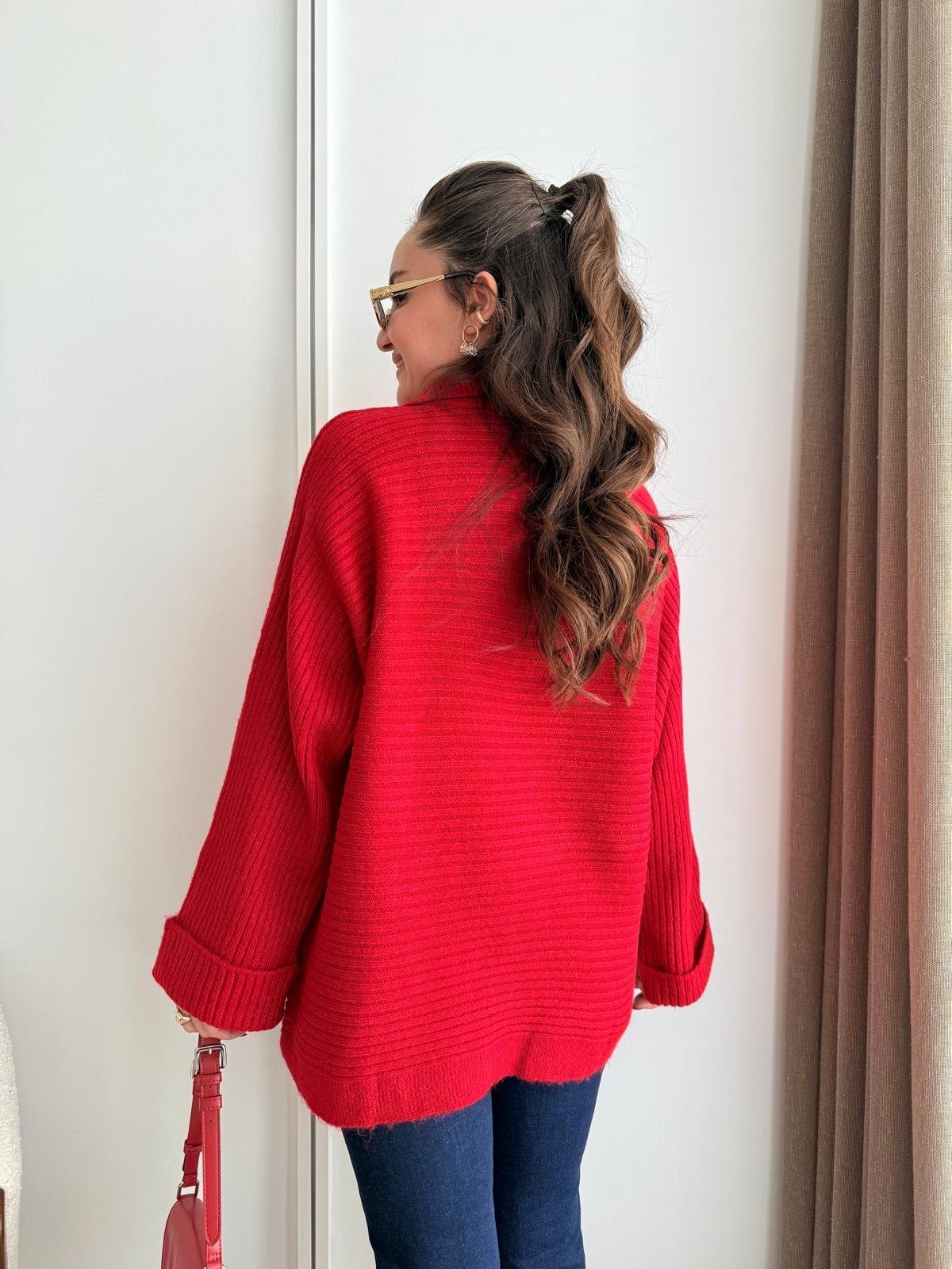 Kırmızı Polo Yaka Kol Detaylı Triko Kazak 231153