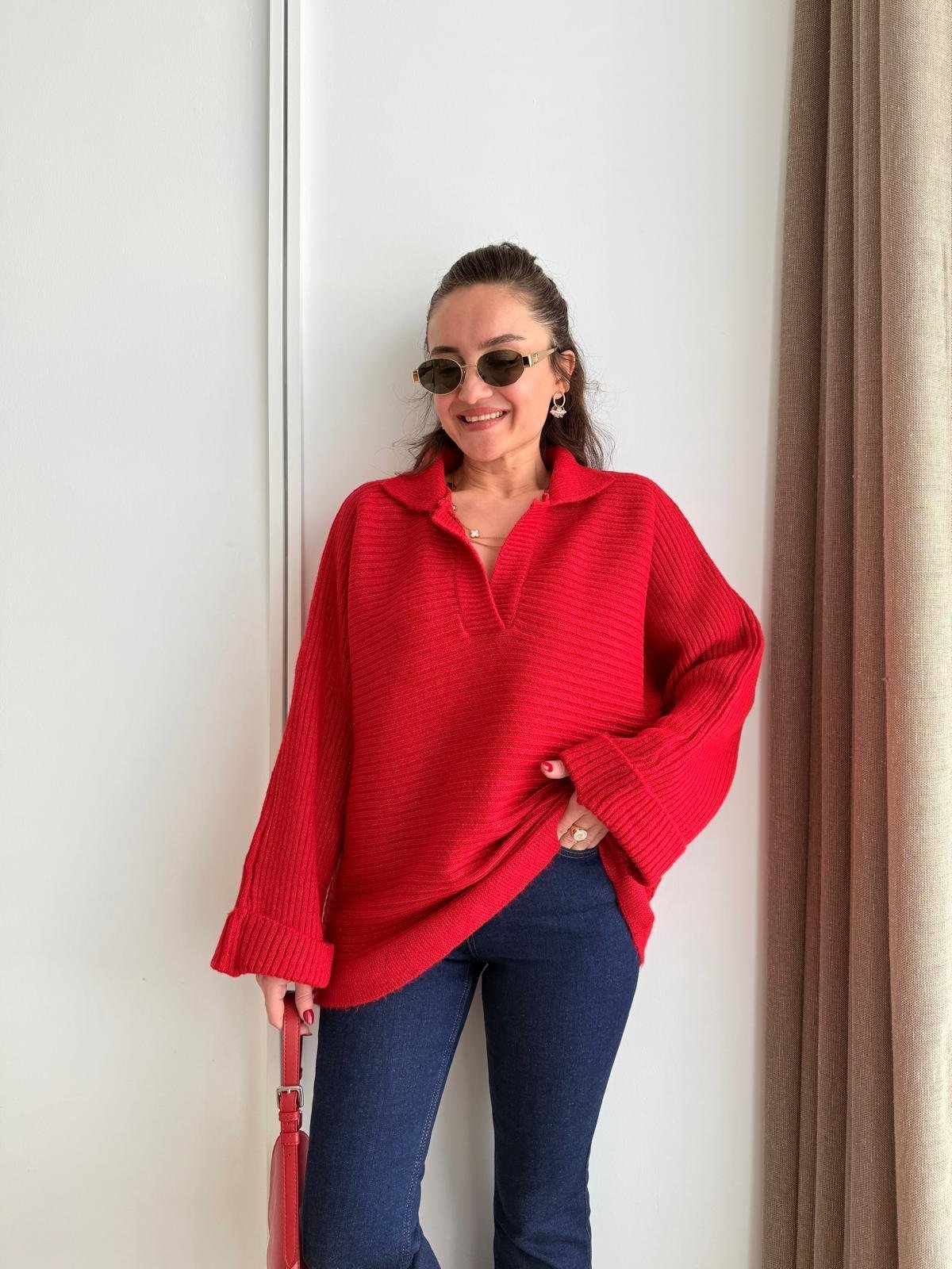 Kırmızı Polo Yaka Kol Detaylı Triko Kazak 231153