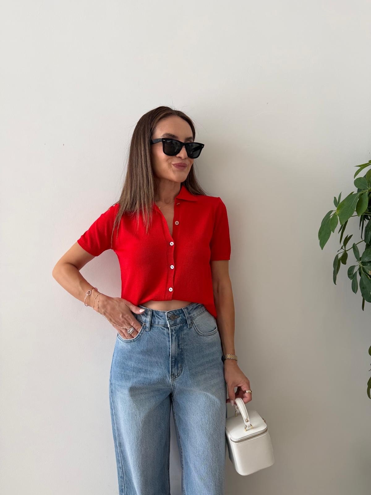 Kırmızı Polo Yaka Triko Hırka 5482