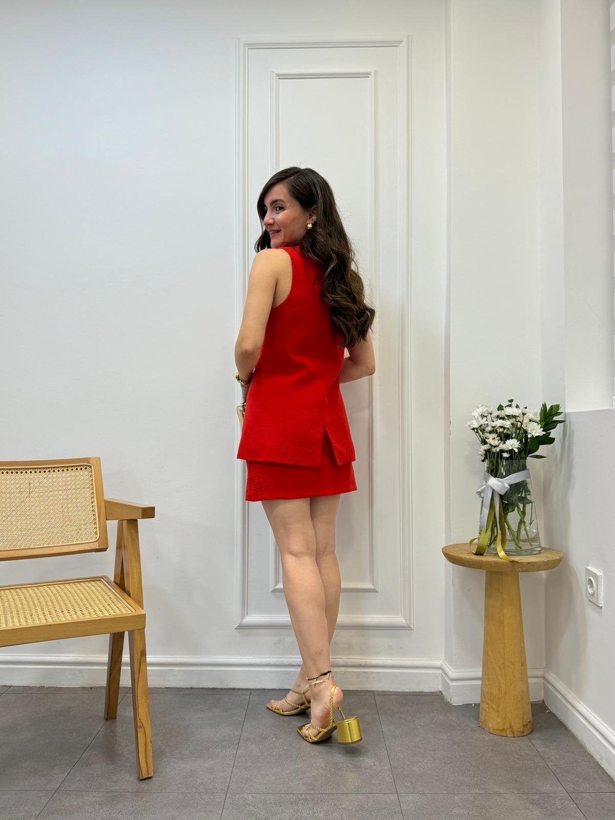 Kırmızı Premıum Seri Yelek Etek Keten Takım 98689