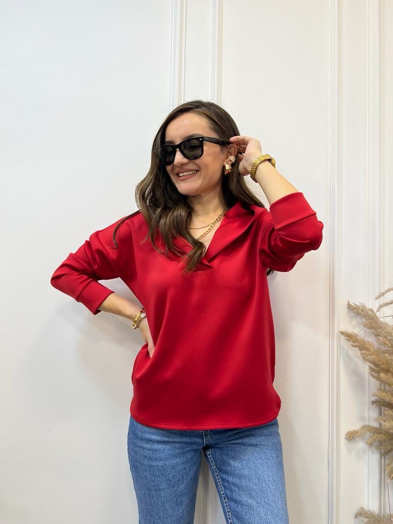 Kırmızı Scuba Kumaş Kapüşonlu Sweatshirt 1001
