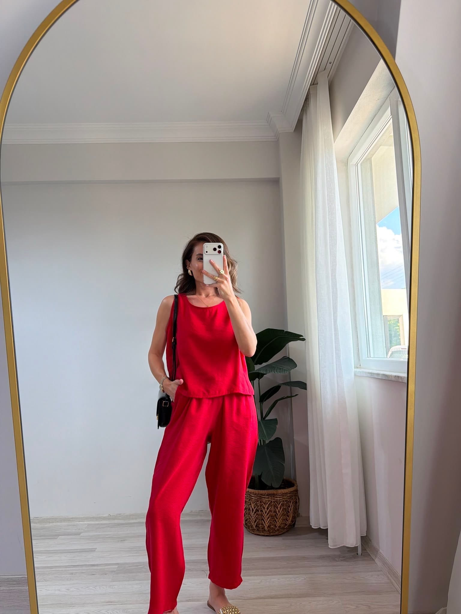Kırmızı Sıfır Kol Bluz Pantolon Takım 3089