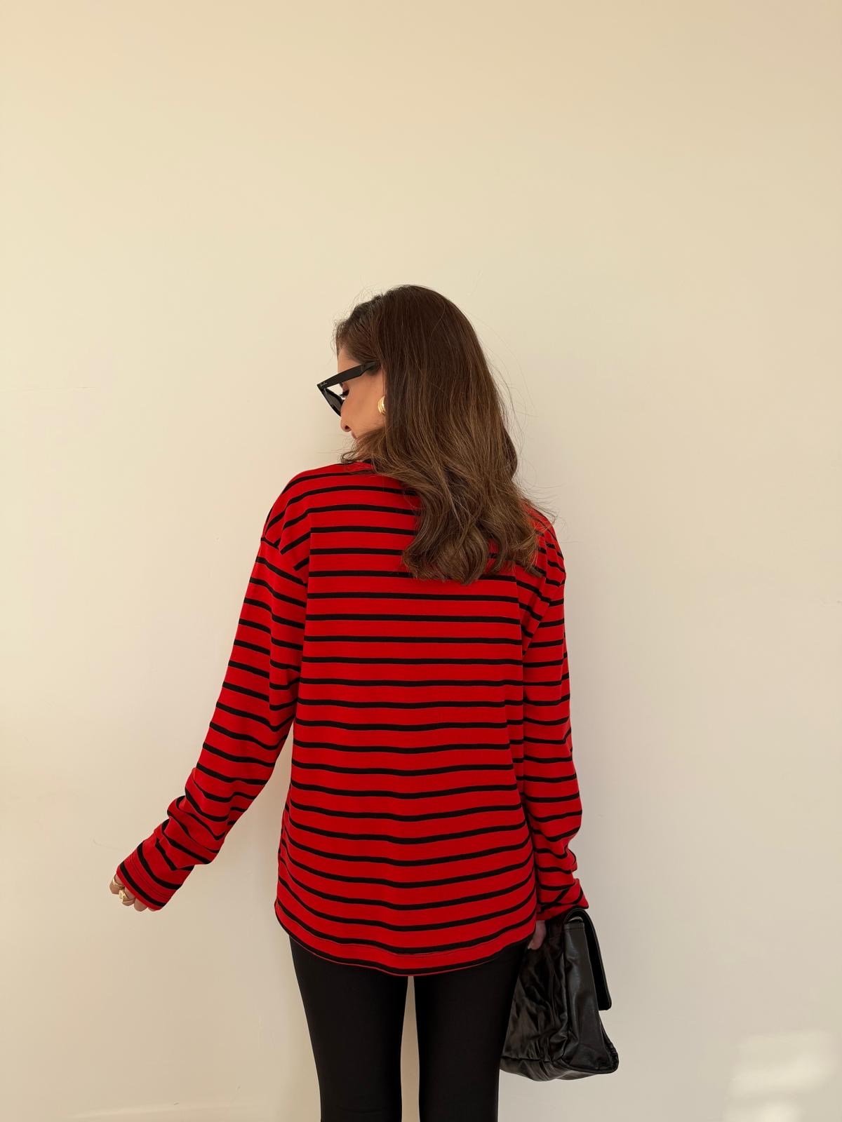 Kırmızı Siyah Çizgili Basic Sweatshirt 261147