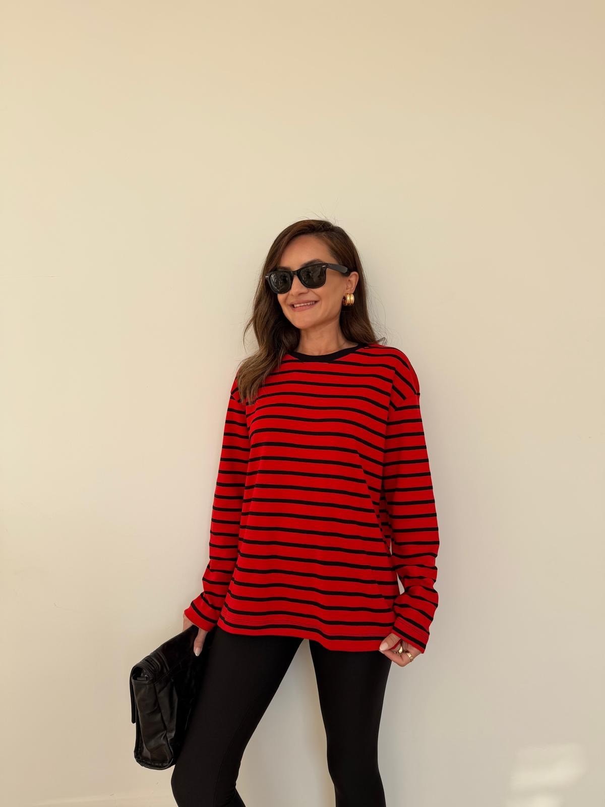 Kırmızı Siyah Çizgili Basic Sweatshirt 261147