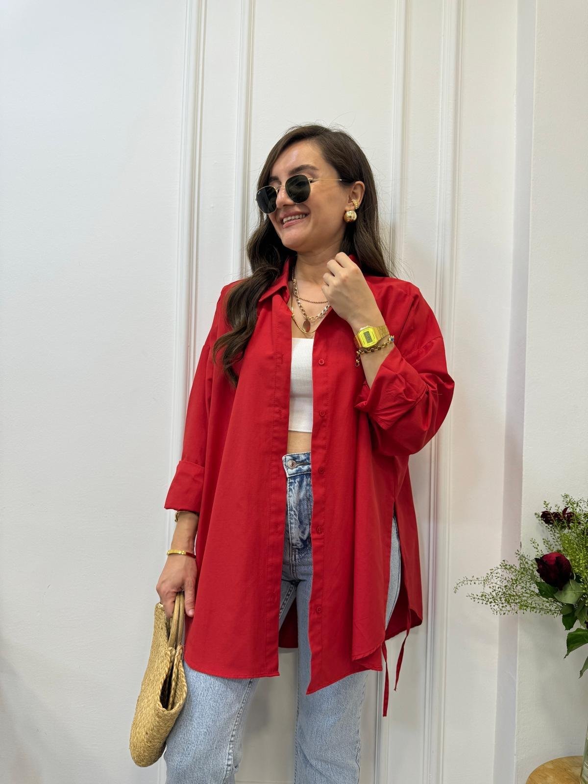 Kırmızı Yan Bağlamalı Oversize Gömlek 197
