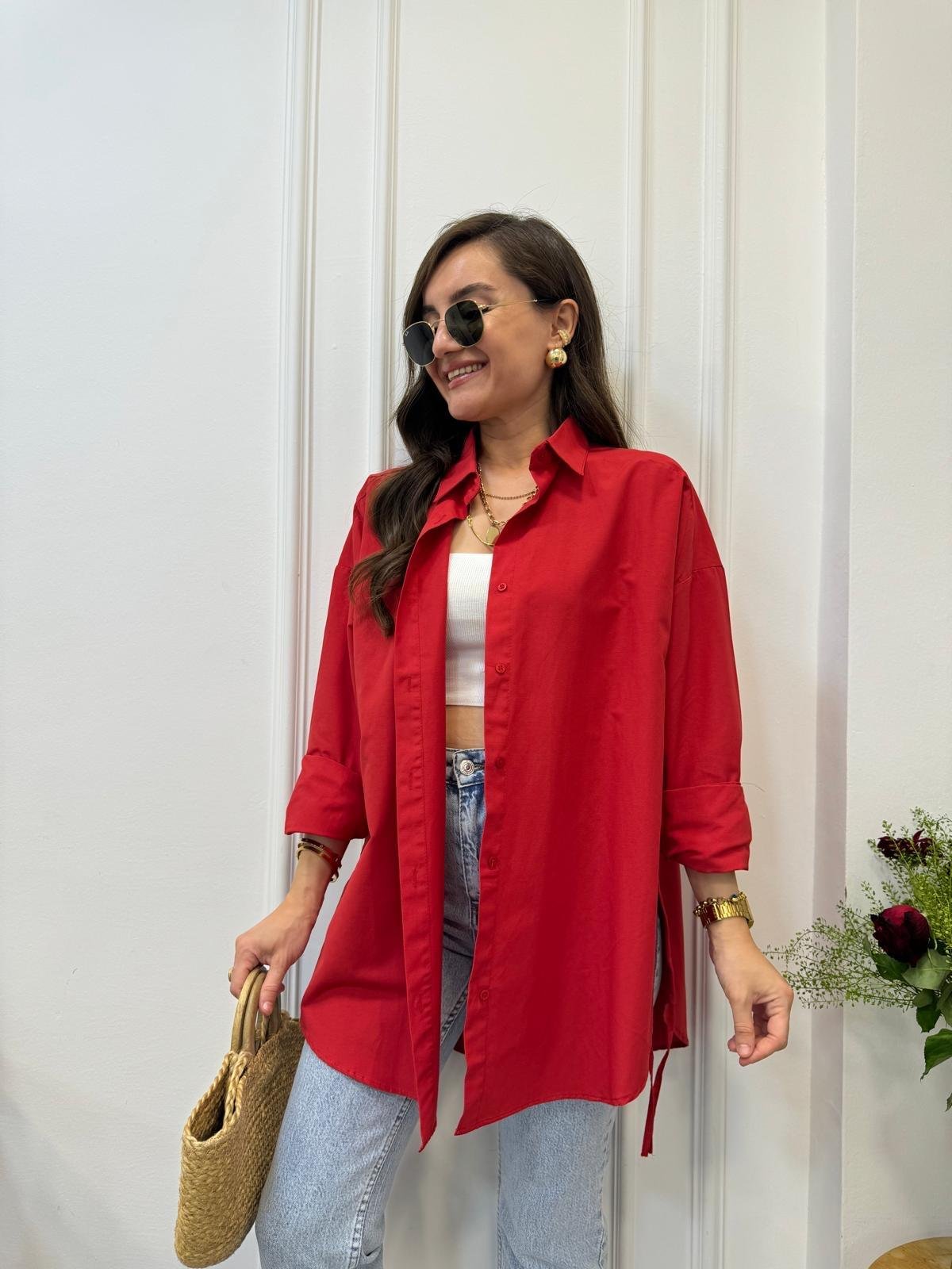 Kırmızı Yan Bağlamalı Oversize Gömlek 197
