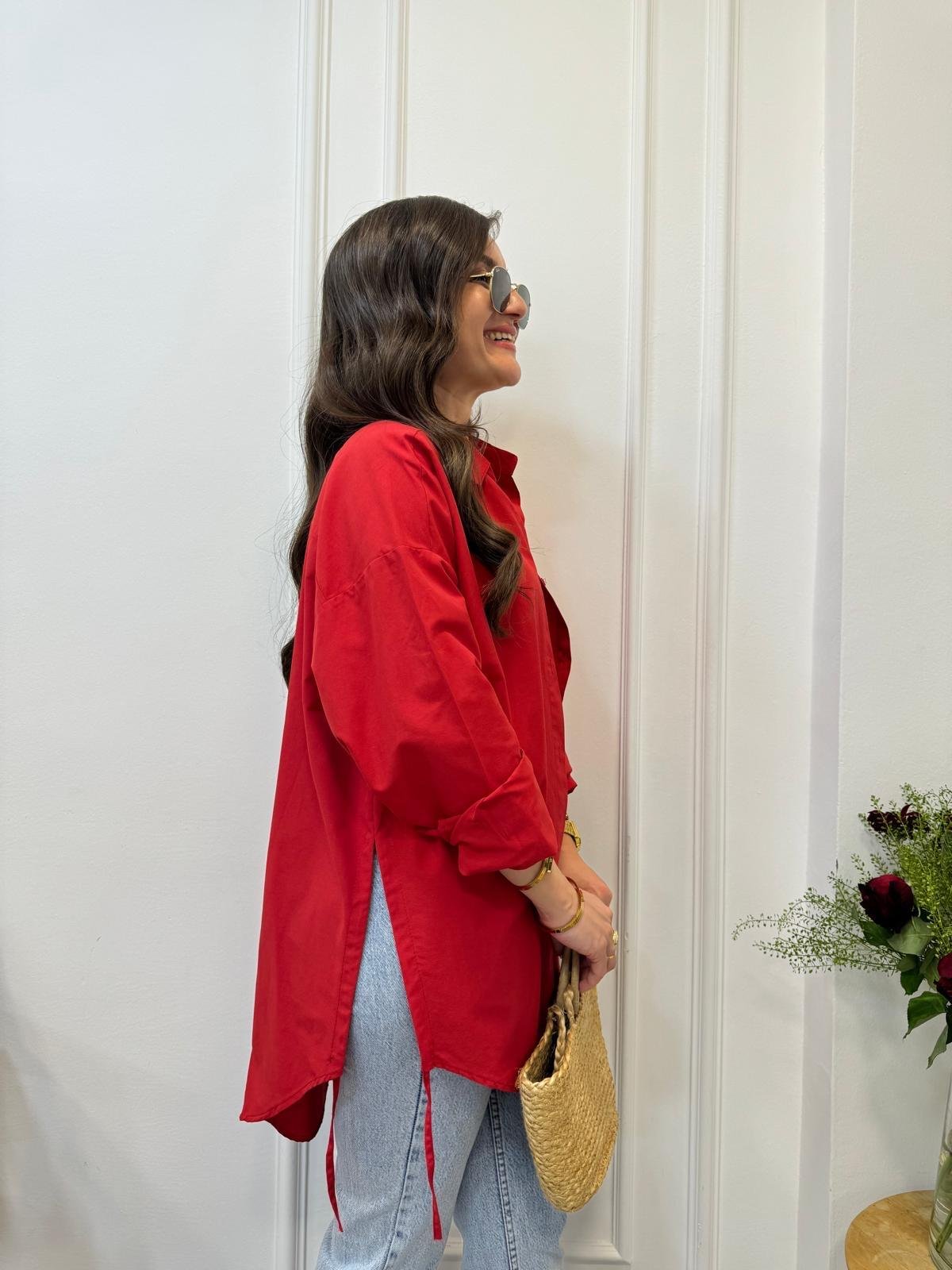 Kırmızı Yan Bağlamalı Oversize Gömlek 197