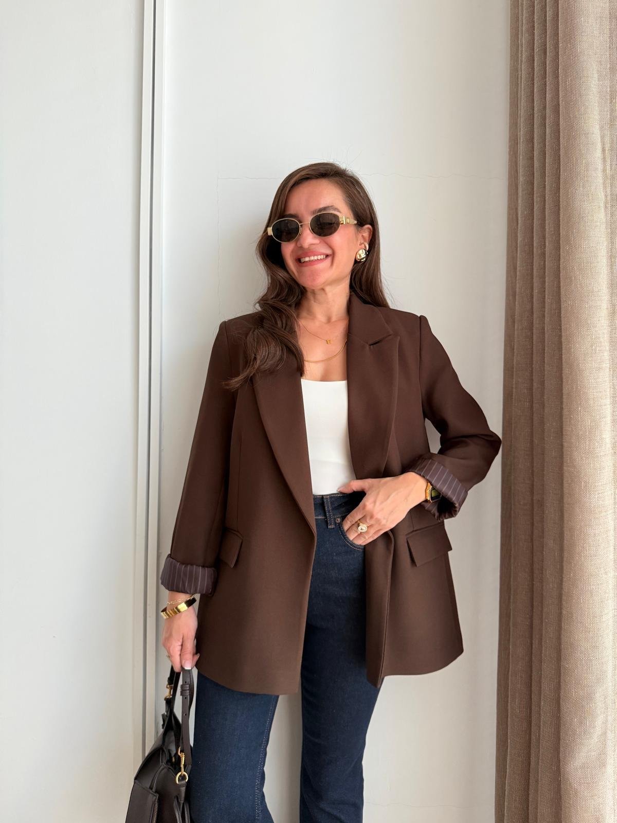 Koyu kahve Astarlı Keten Blazer Ceket 7560