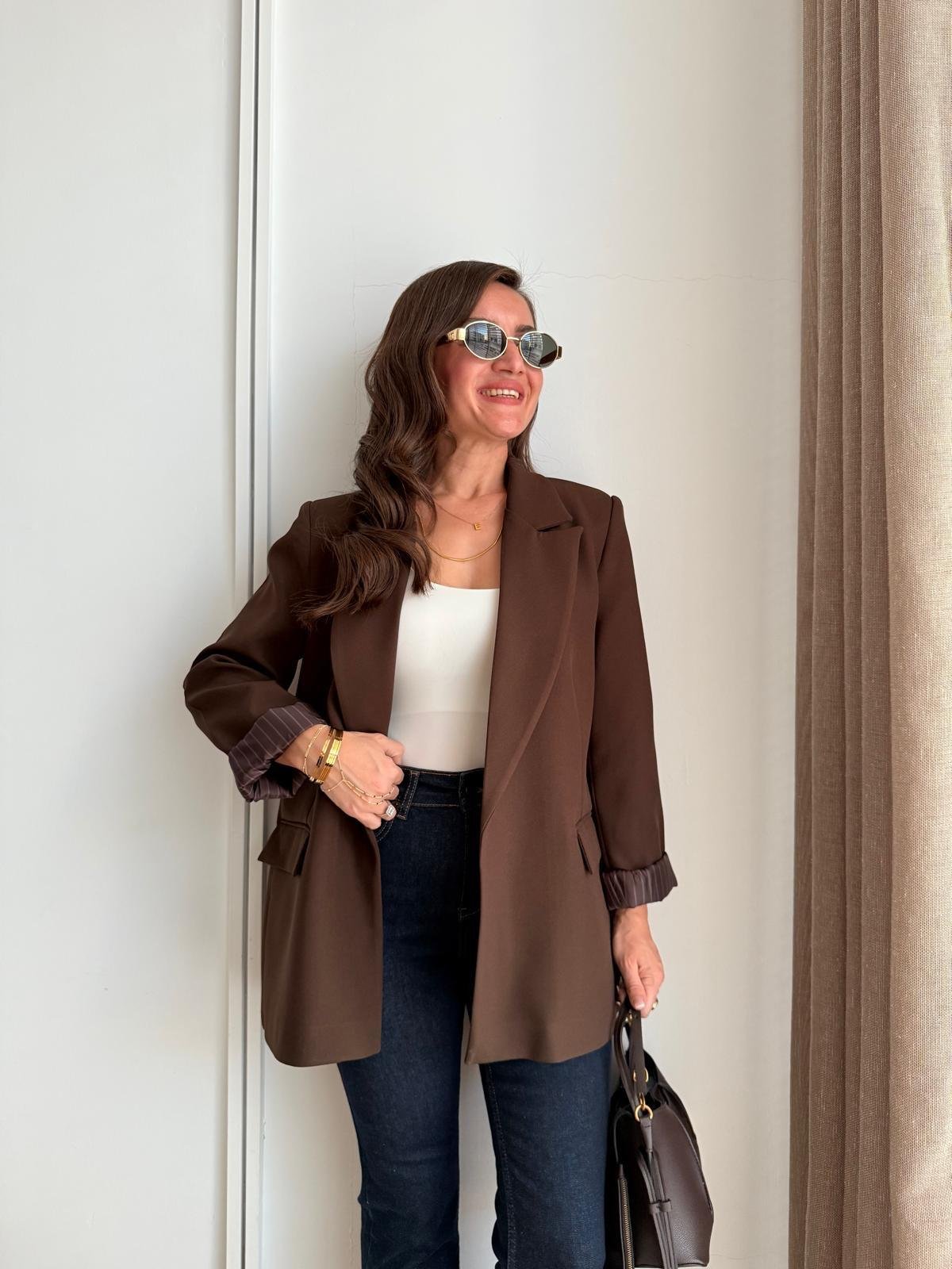 Koyu kahve Astarlı Keten Blazer Ceket 7560
