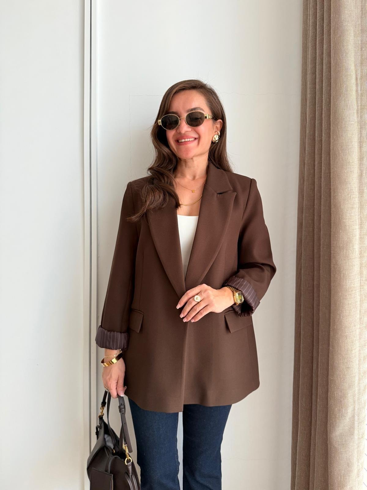 Koyu kahve Astarlı Keten Blazer Ceket 7560