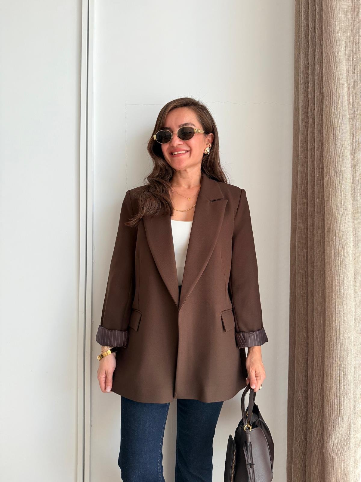 Koyu kahve Astarlı Keten Blazer Ceket 7560