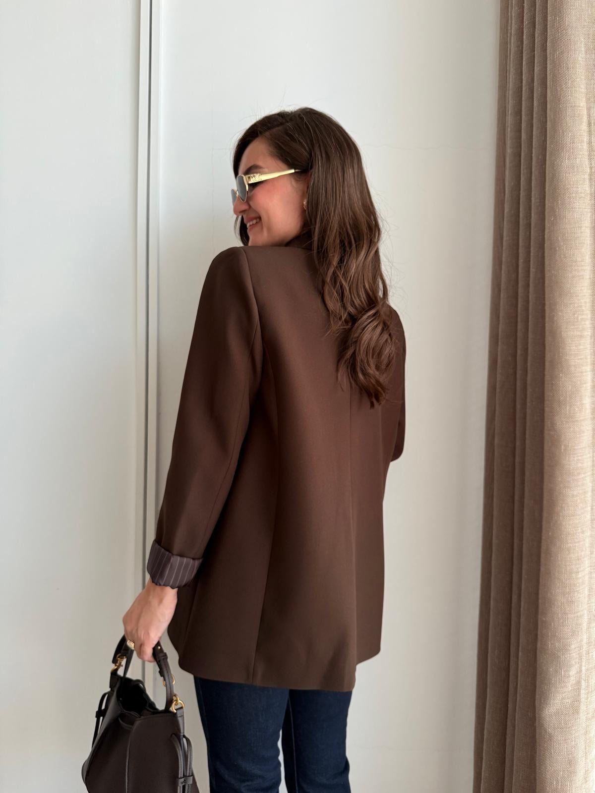 Koyu kahve Astarlı Keten Blazer Ceket 7560