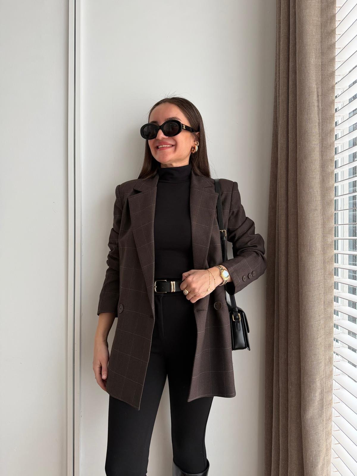 Koyu kahve Ekose Desen Astarlı Blazer Ceket 5174