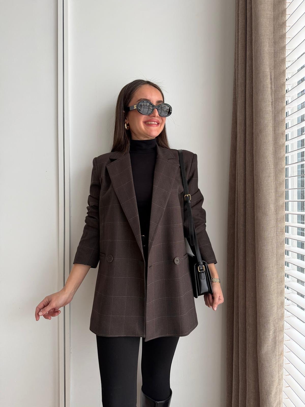 Koyu kahve Ekose Desen Astarlı Blazer Ceket 5174