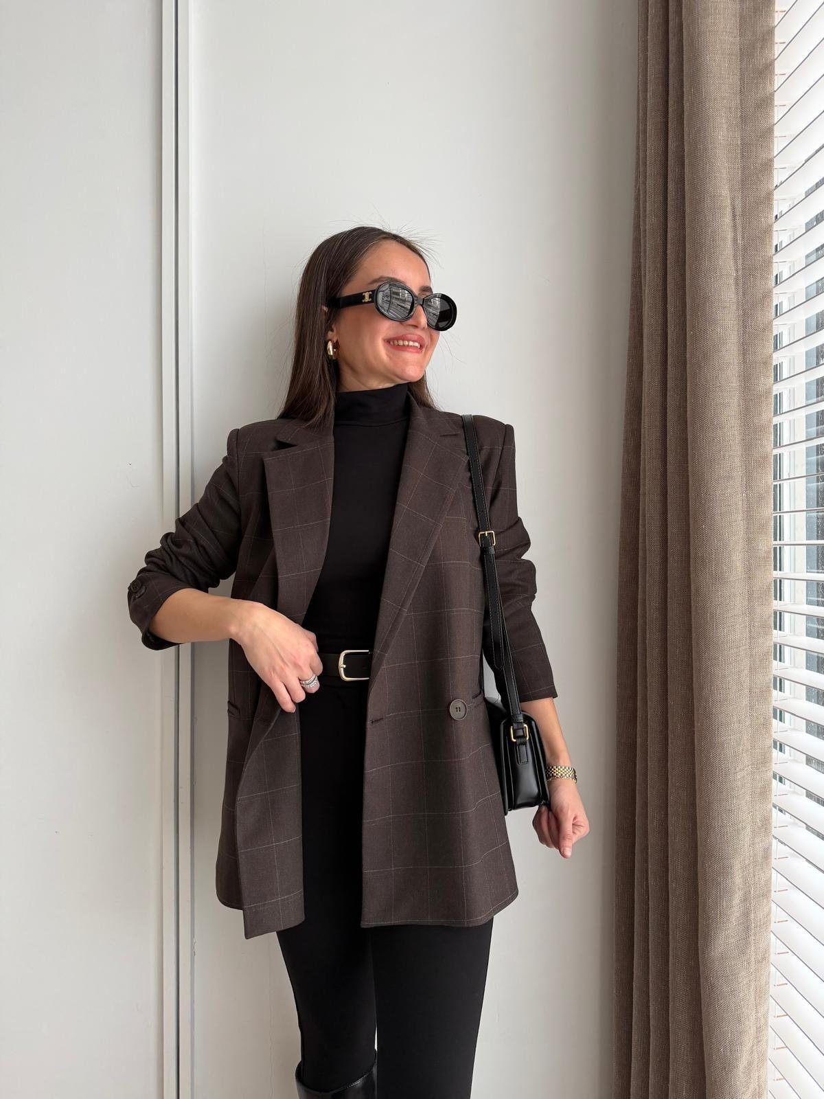 Koyu kahve Ekose Desen Astarlı Blazer Ceket 5174