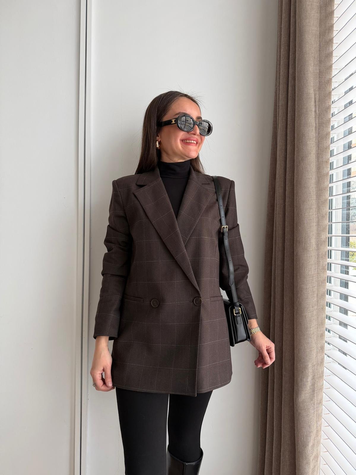 Koyu kahve Ekose Desen Astarlı Blazer Ceket 5174