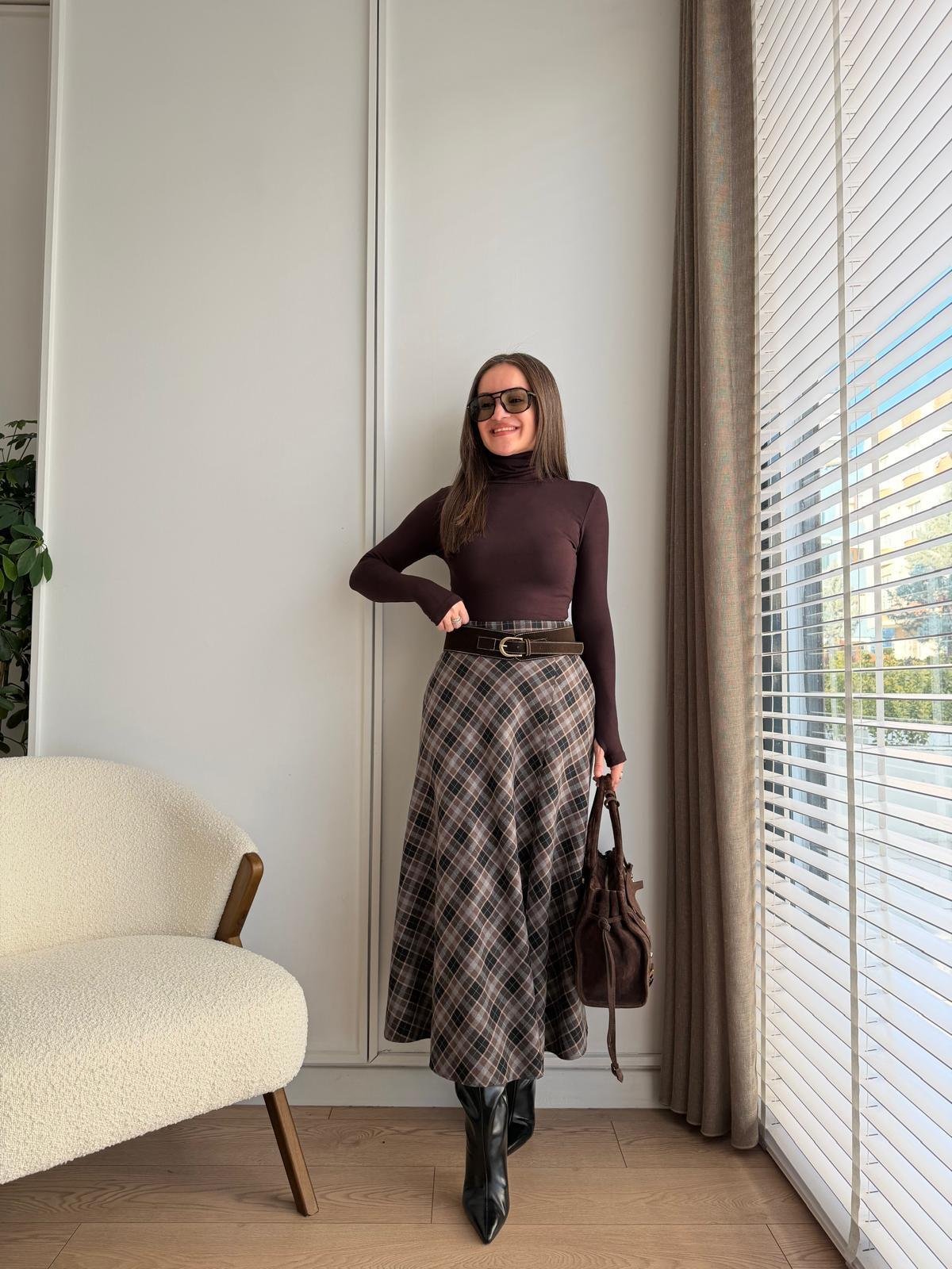 Koyu kahve Ekose Desen Kemerli Etek 36890