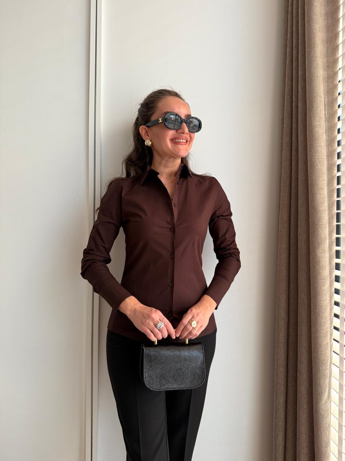 Koyu kahve Geniş Manşet Slim Fit Gömlek 018