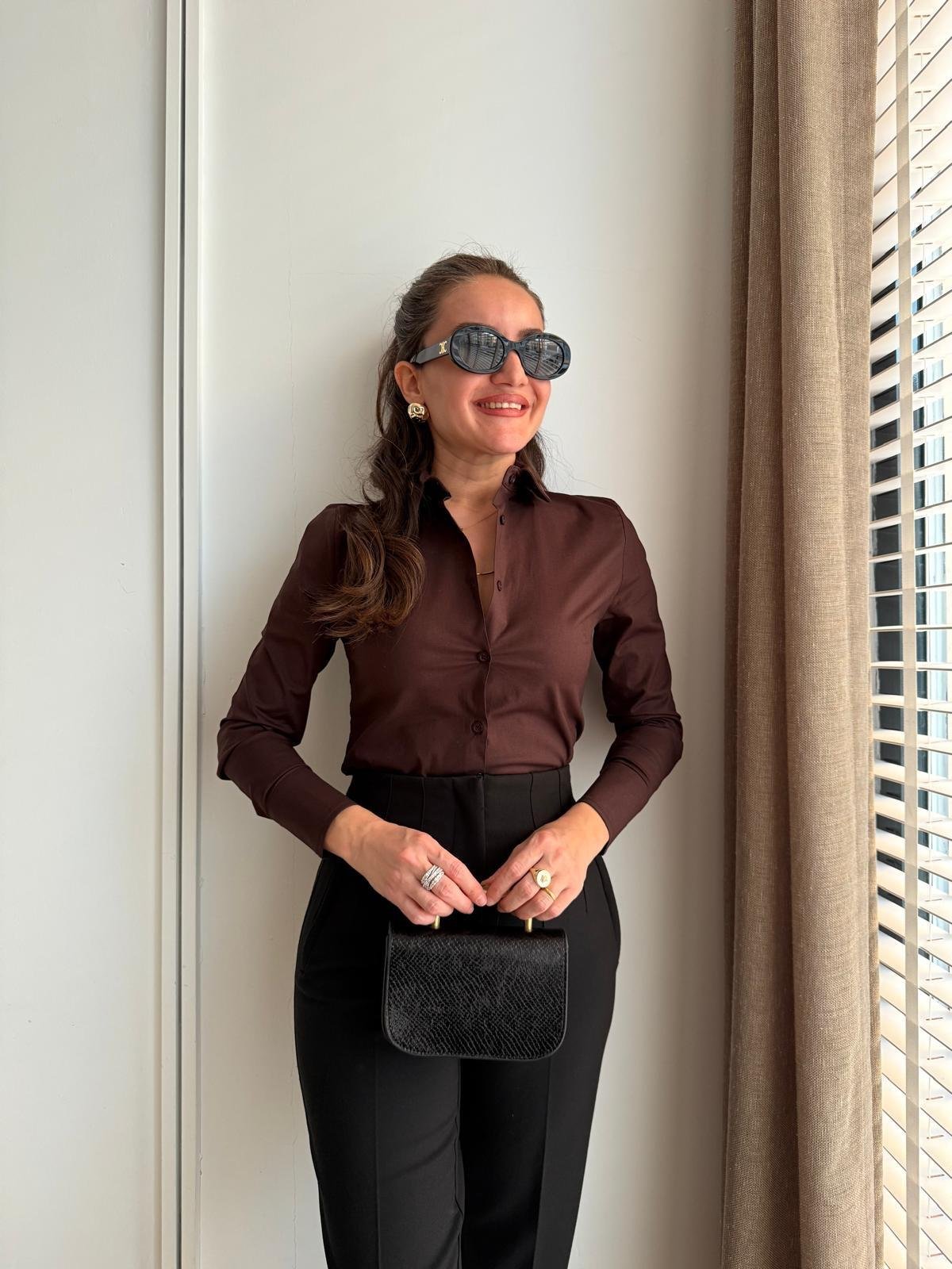 Koyu kahve Geniş Manşet Slim Fit Gömlek 018