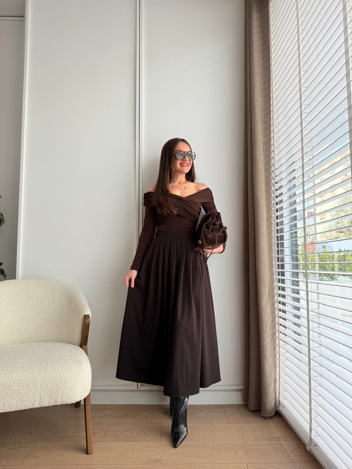 Koyu kahve Pile Detay Yırtmaçlı Balon Etek 16888