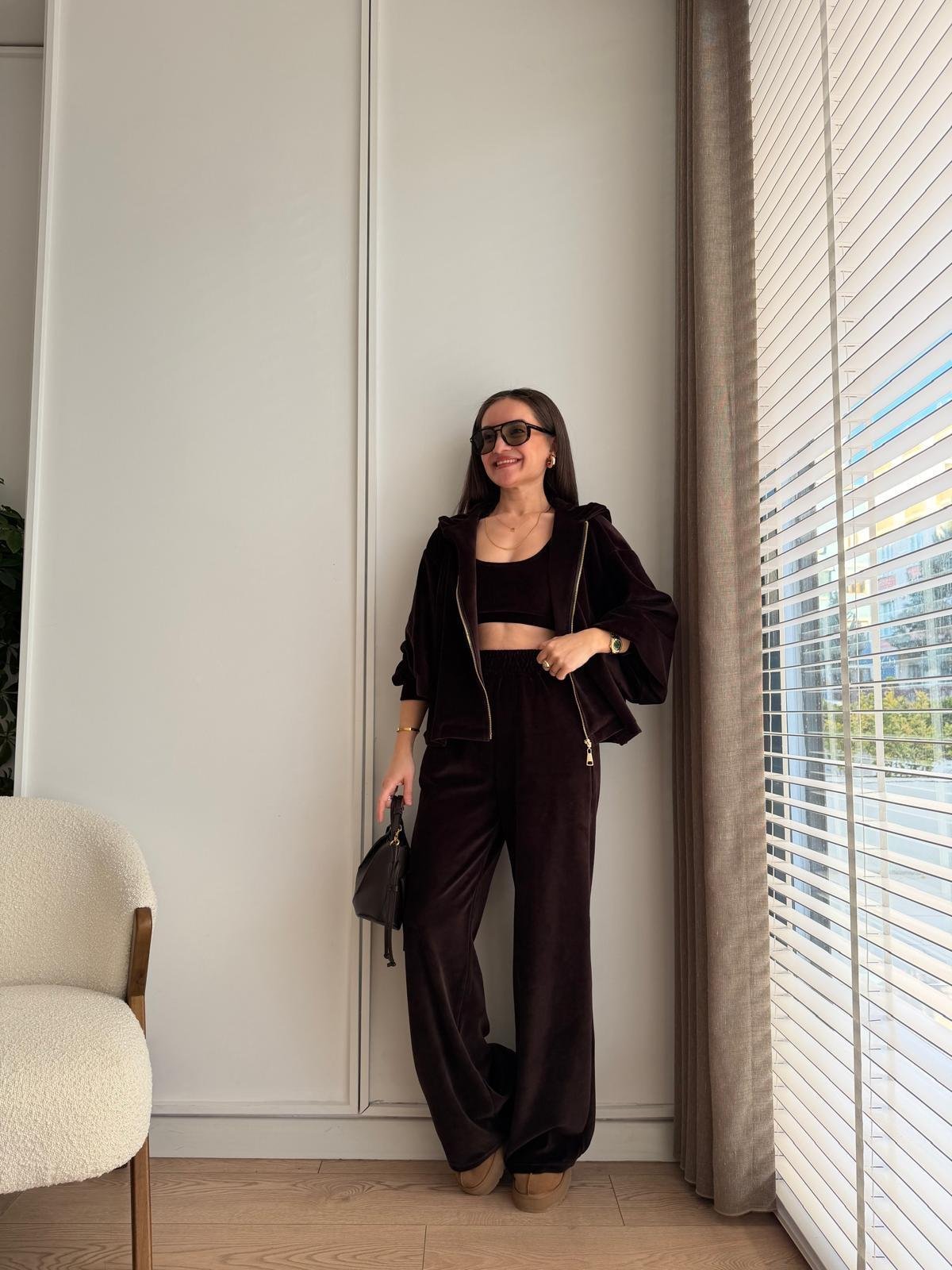 Koyu kahve Premium Seri Kadife Üçlü Takım 0097