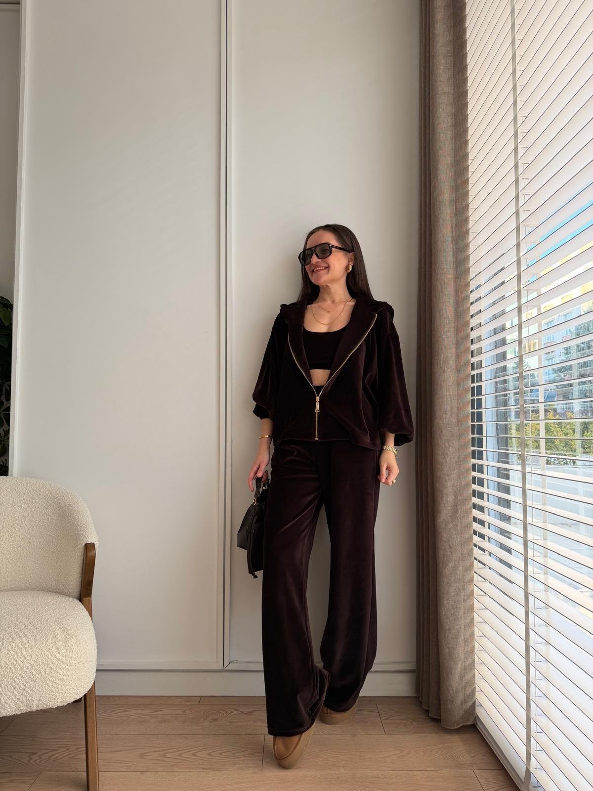 Koyu kahve Premium Seri Kadife Üçlü Takım 0097