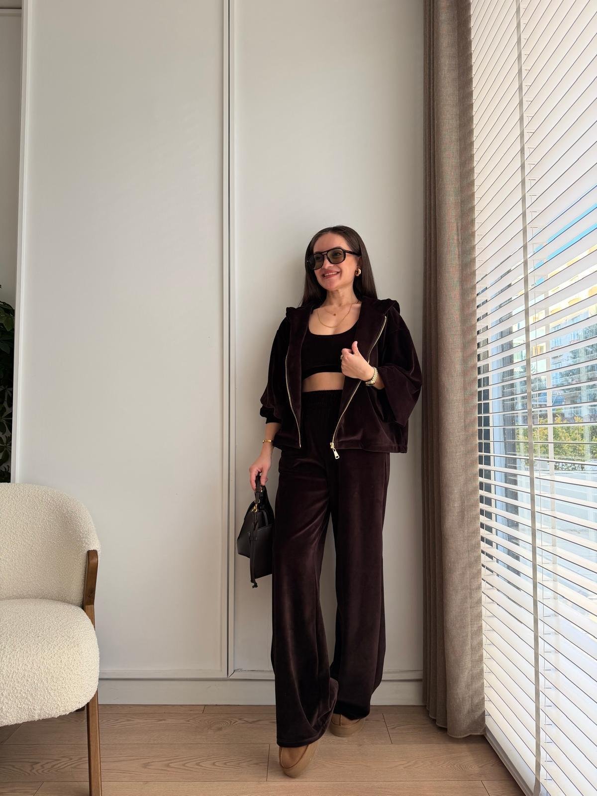 Koyu kahve Premium Seri Kadife Üçlü Takım 0097