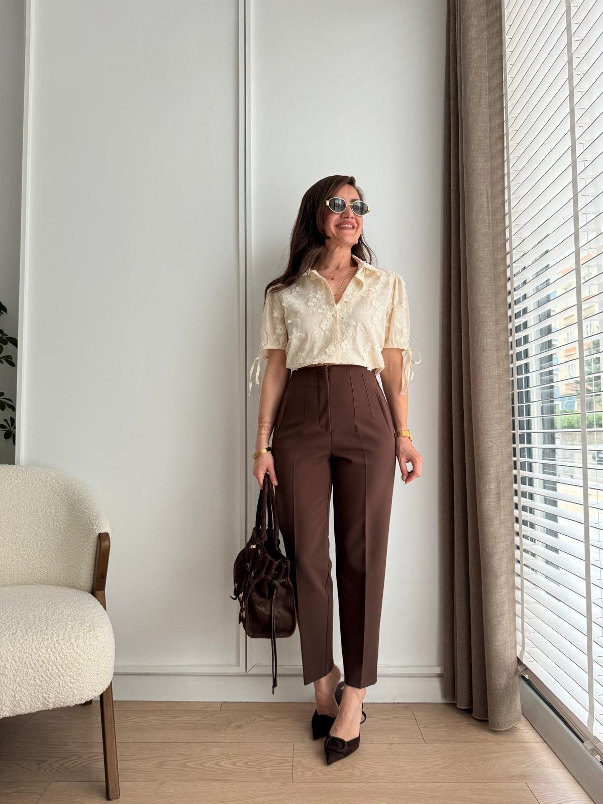 Koyu kahve Yüksek Bel Önü Flotalı Kumaş Pantolon Karol 5113