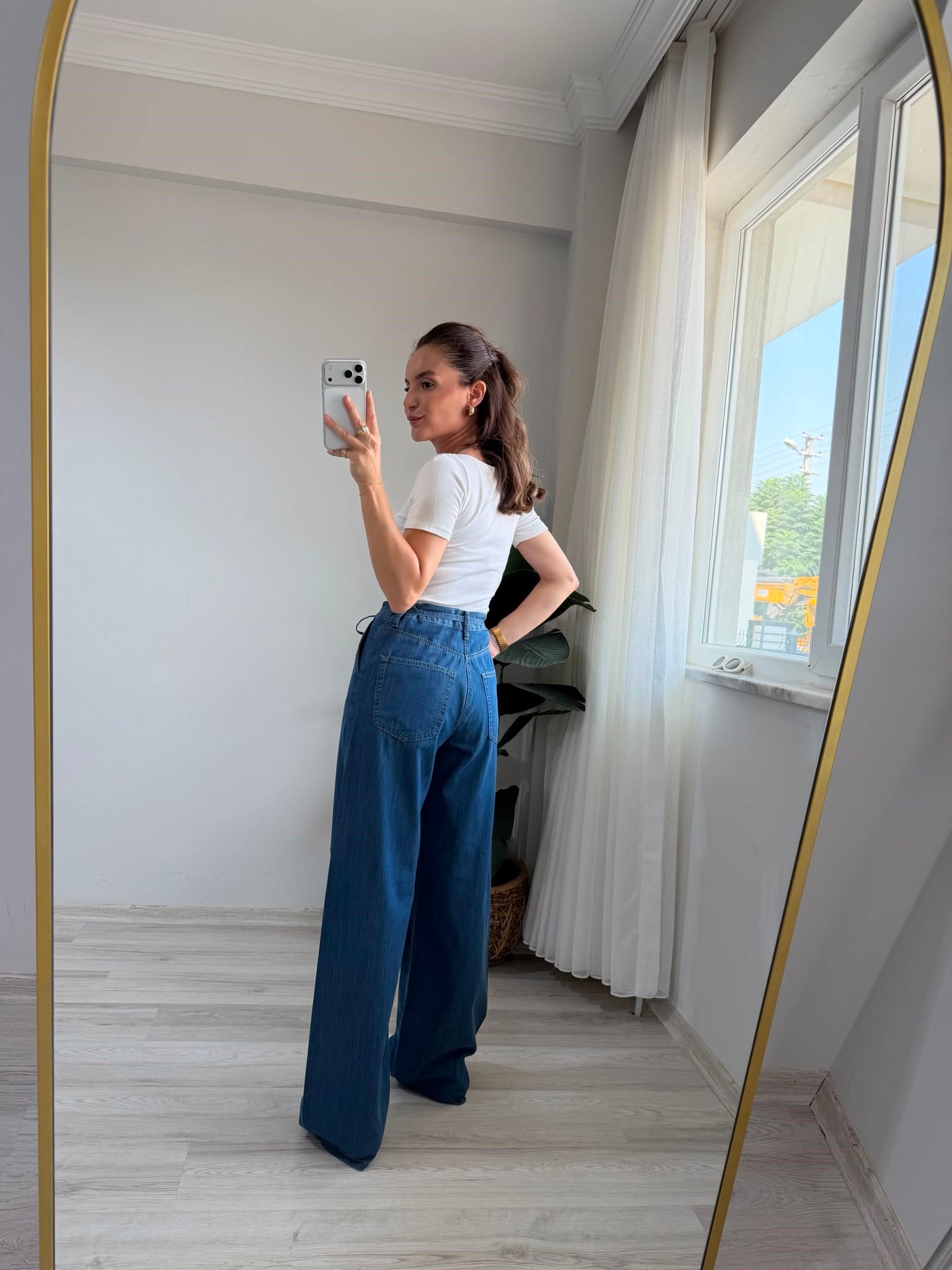 Koyu mavi Bel Bağcıklı Tensel Wide Leg Jean 3647