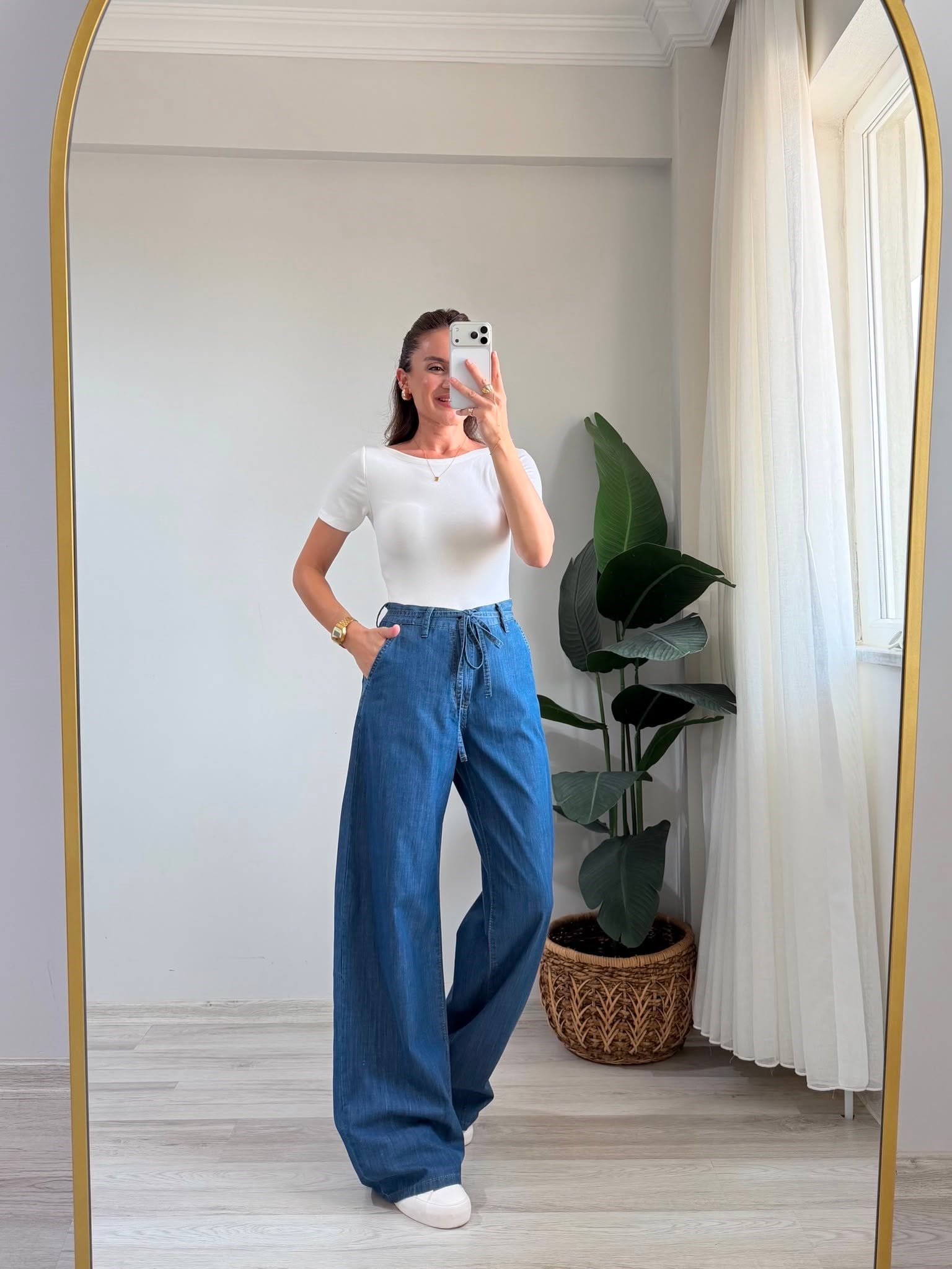 Koyu mavi Bel Bağcıklı Tensel Wide Leg Jean 3647
