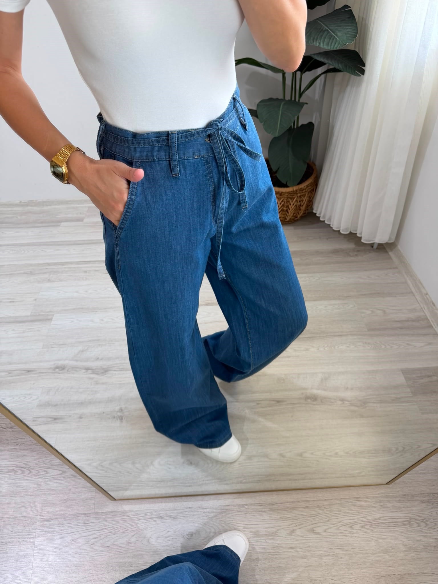 Koyu mavi Bel Bağcıklı Tensel Wide Leg Jean 3647