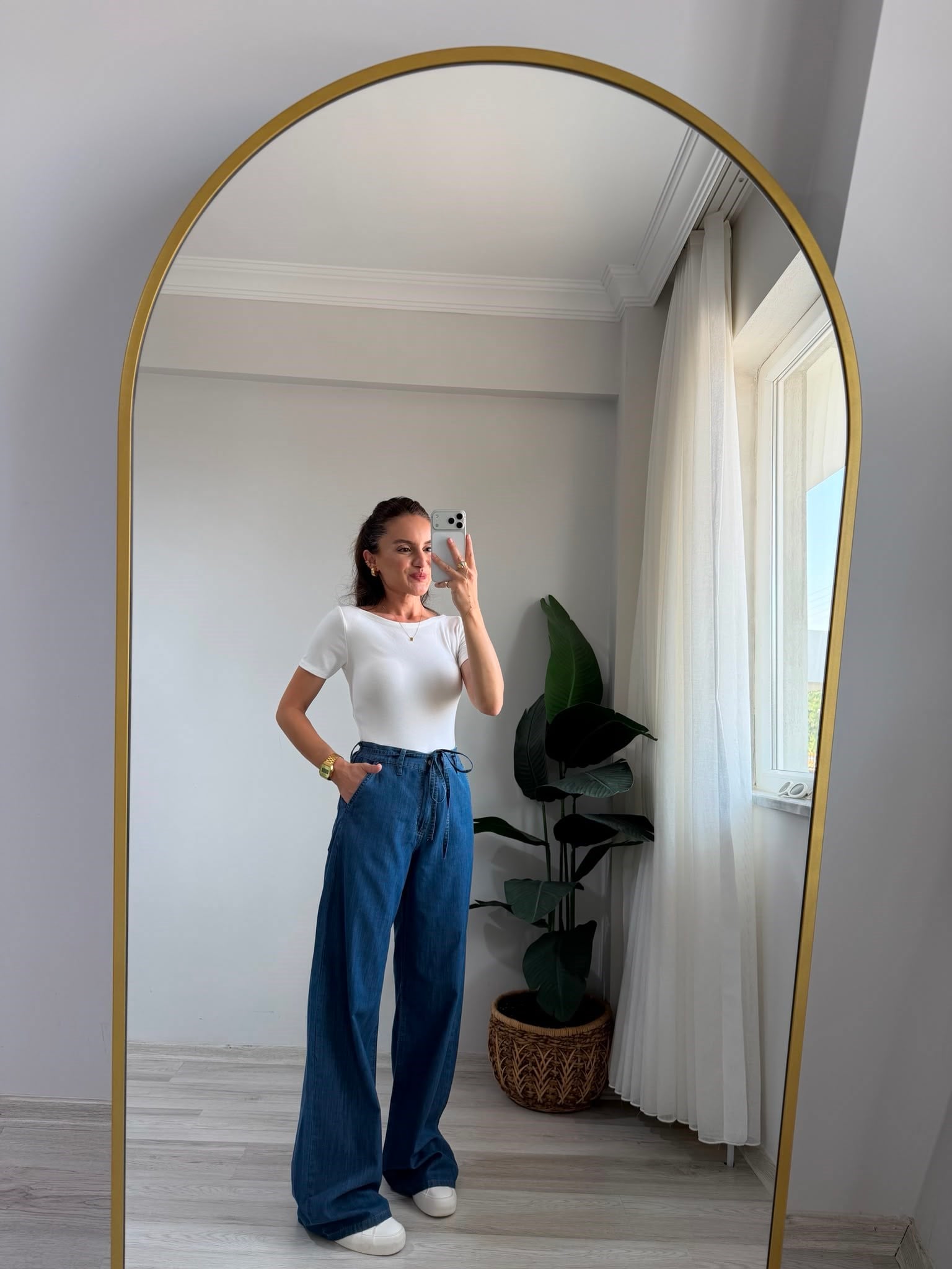 Koyu mavi Bel Bağcıklı Tensel Wide Leg Jean 3647