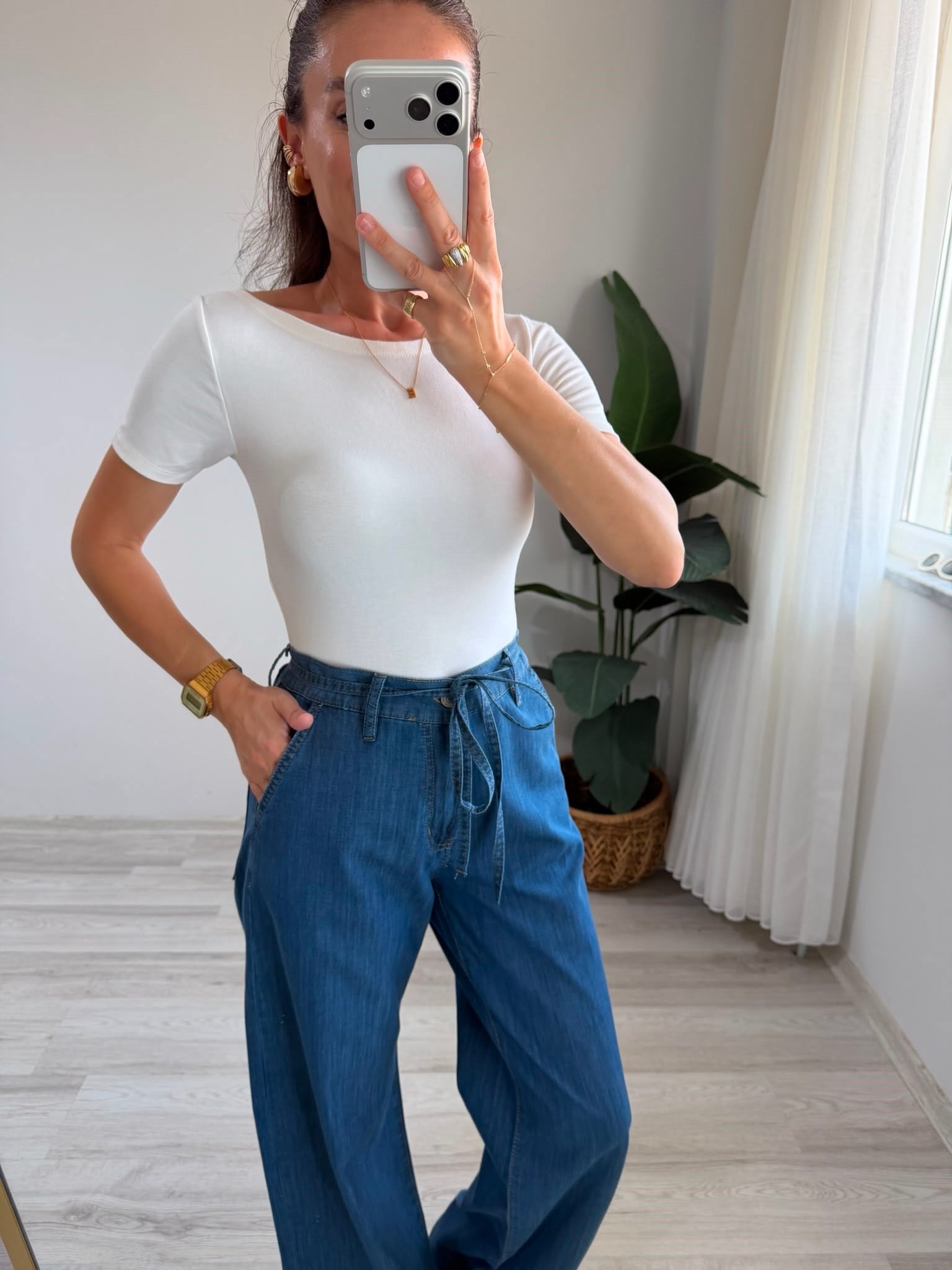 Koyu mavi Bel Bağcıklı Tensel Wide Leg Jean 3647