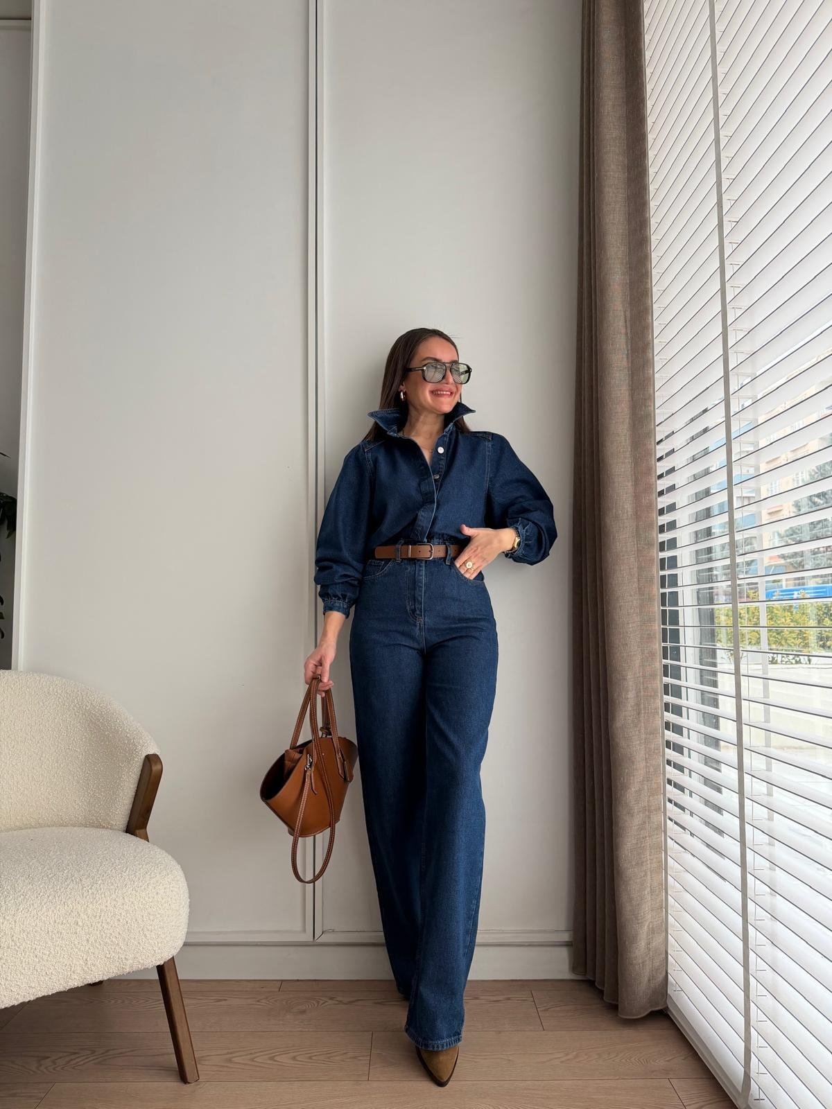 Koyu mavi Kemerli Denim Tulum 8152