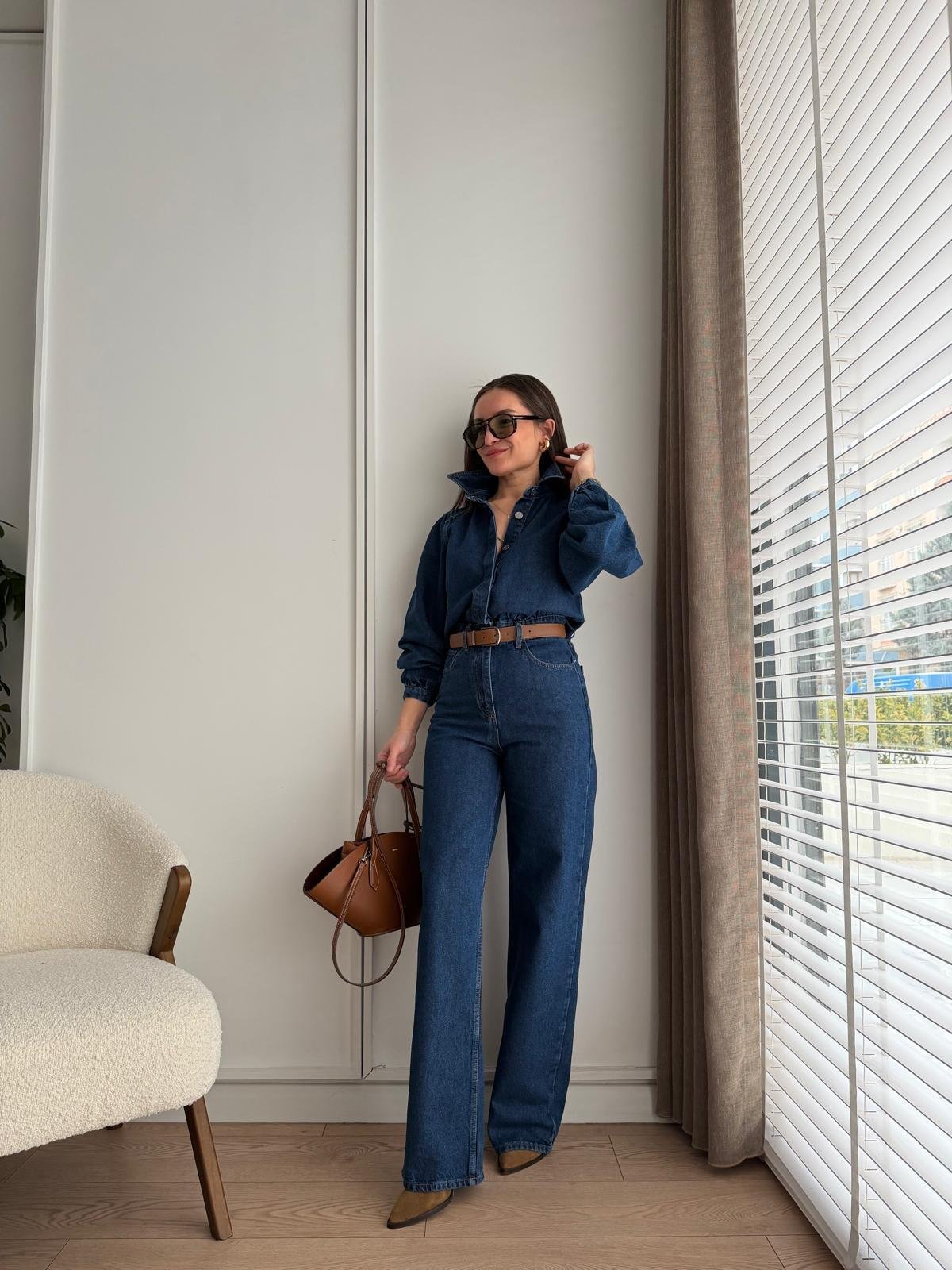 Koyu mavi Kemerli Denim Tulum 8152