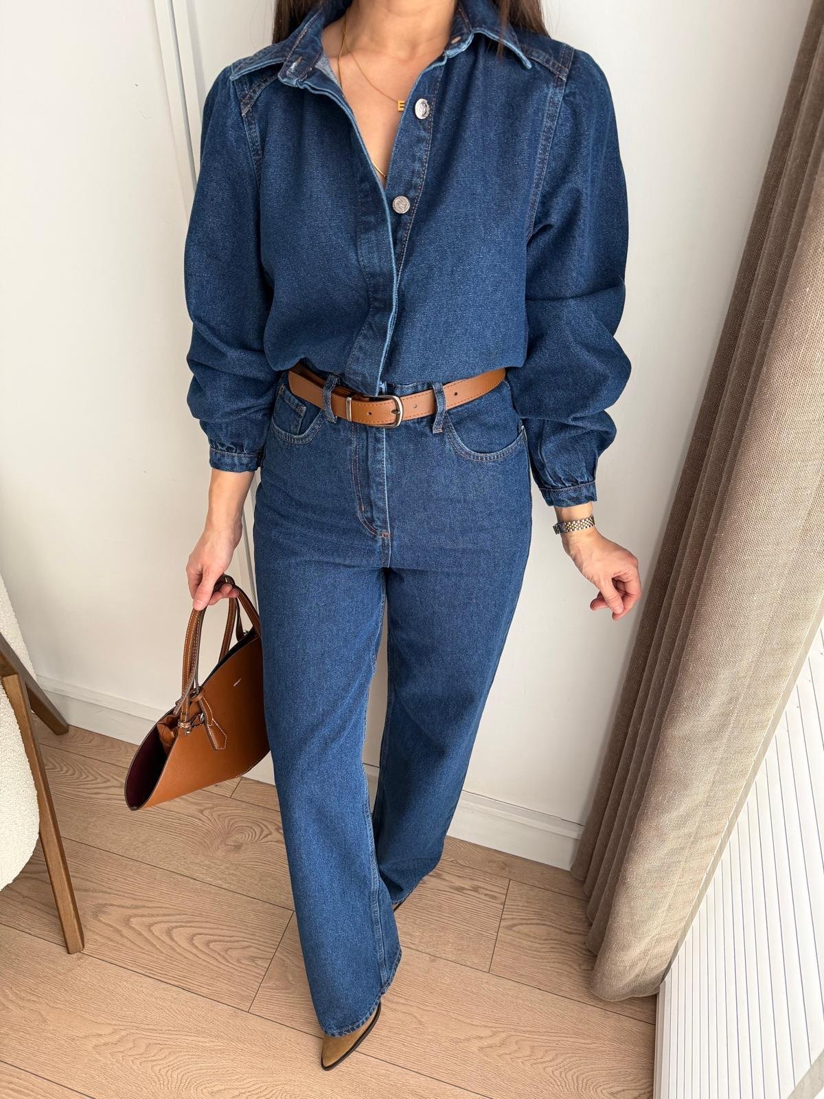 Koyu mavi Kemerli Denim Tulum 8152