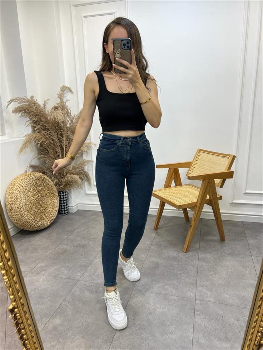 Koyu Mavi Taşlamalı Ultra Likralı Yüksek Bel Orijinal Sknny Jean 1601