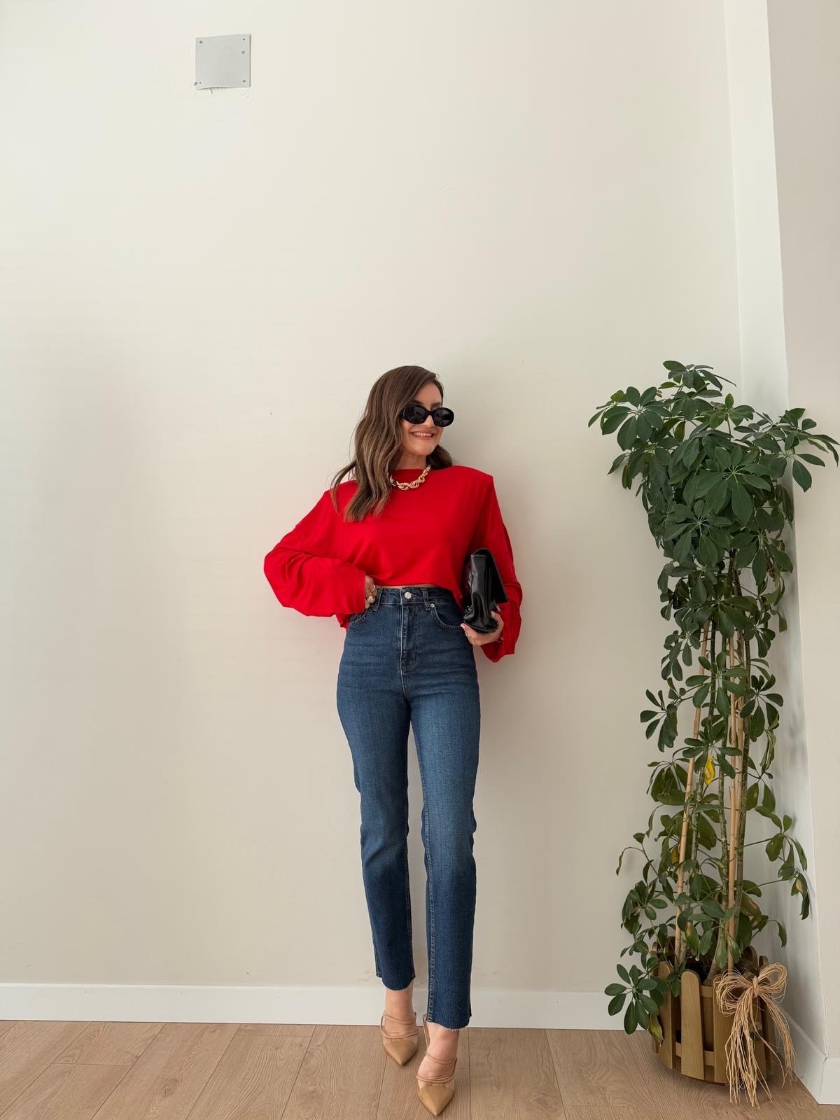 Koyu mavi Yüksek Bel Paçası Kesik Mom Jean 0520
