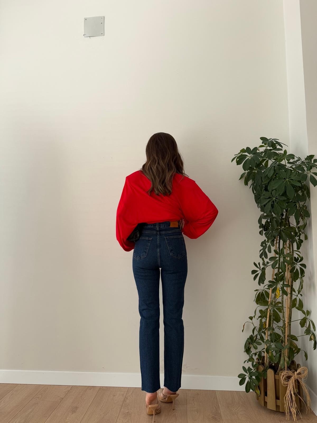 Koyu mavi Yüksek Bel Paçası Kesik Mom Jean 0520