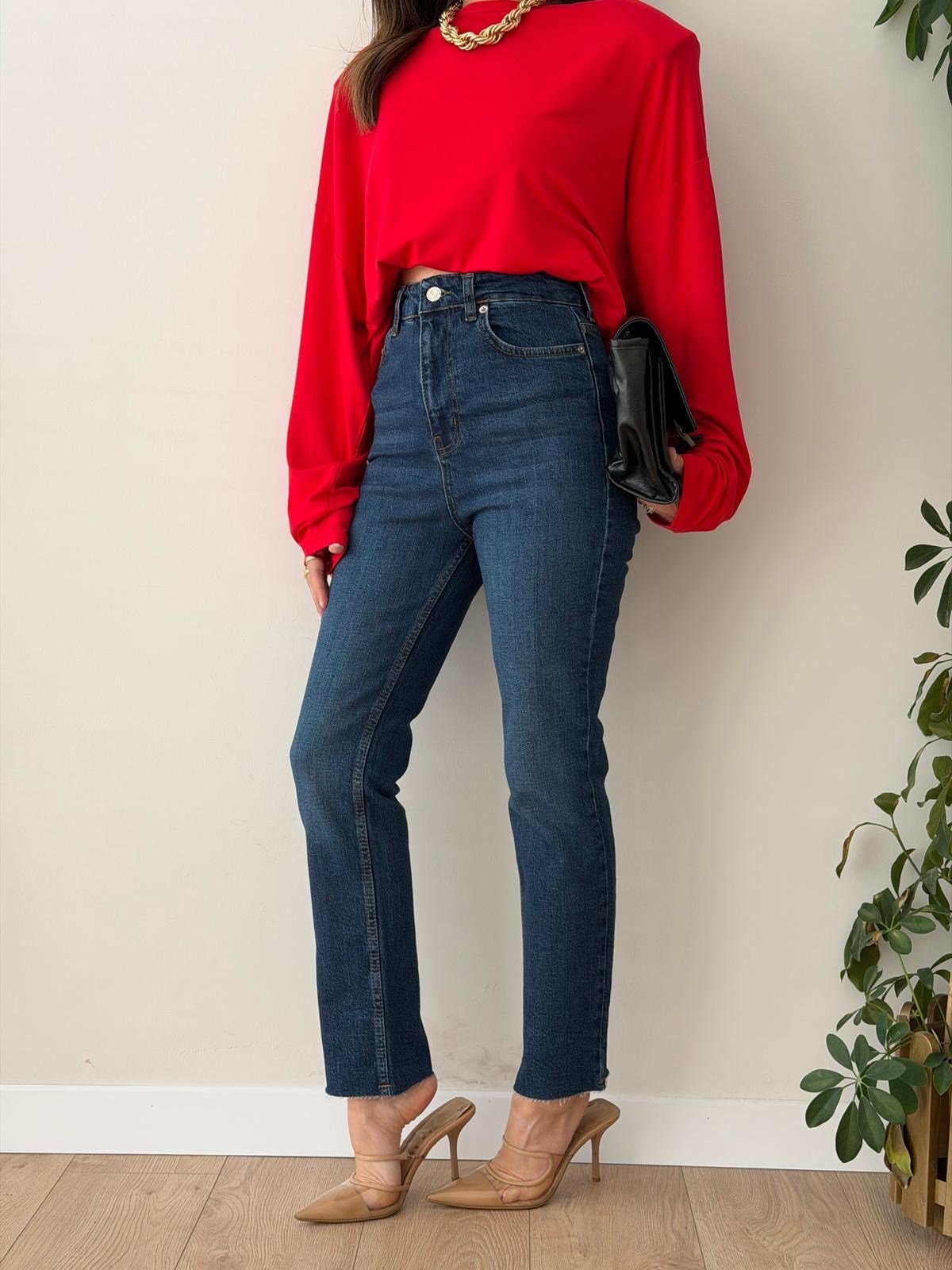 Koyu mavi Yüksek Bel Paçası Kesik Mom Jean 0520