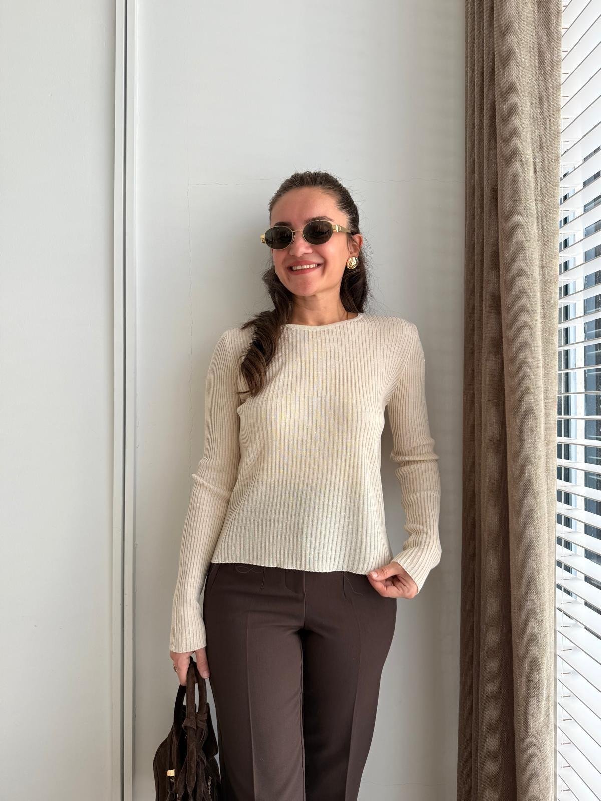 Krem Bisiklet Yaka Pul Detaylı Fitilli Bluz 4798
