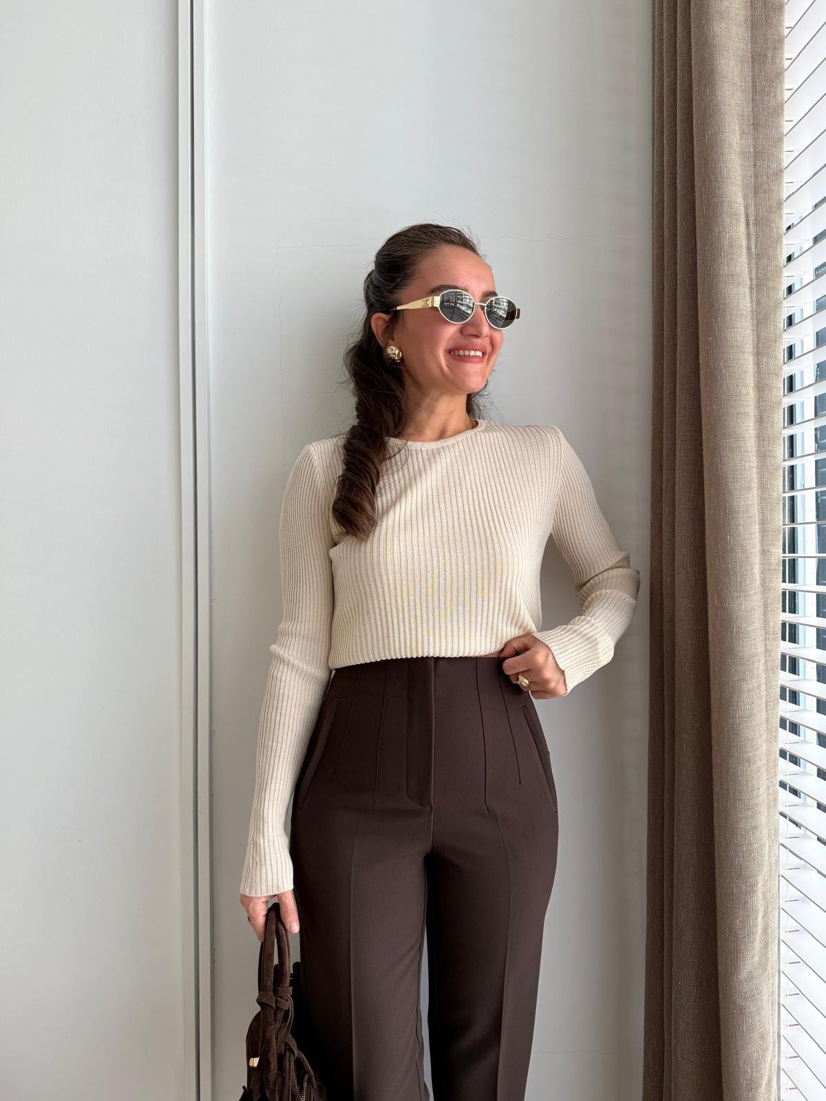 Krem Bisiklet Yaka Pul Detaylı Fitilli Bluz 4798