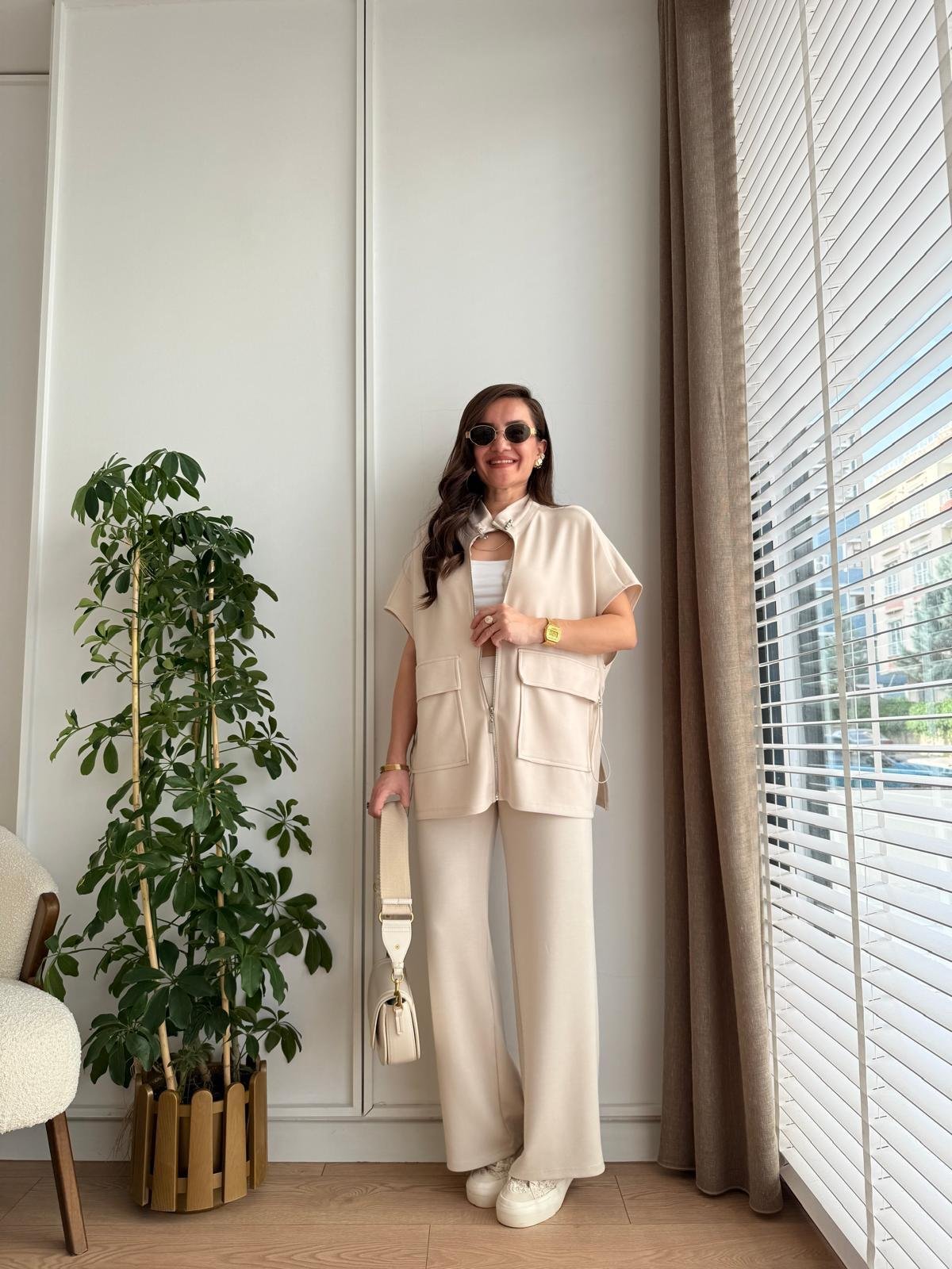 Krem Cepli Arkası Lastikli Modal Takım 7107