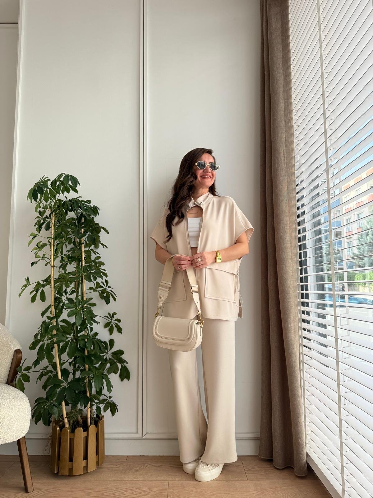 Krem Cepli Arkası Lastikli Modal Takım 7107