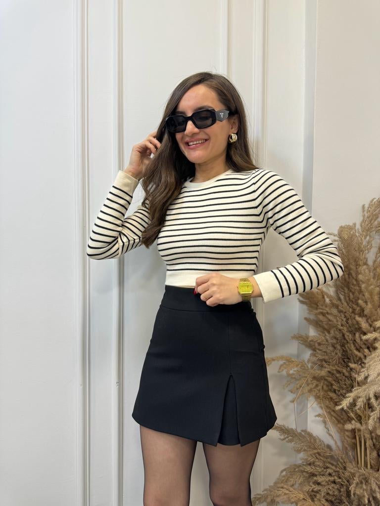 Krem Çizgili Uzun Kollu Crop 4161