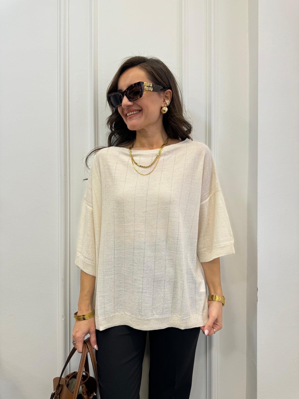 Krem Geniş Yaka Kısa Kollu Triko Bluz 241046
